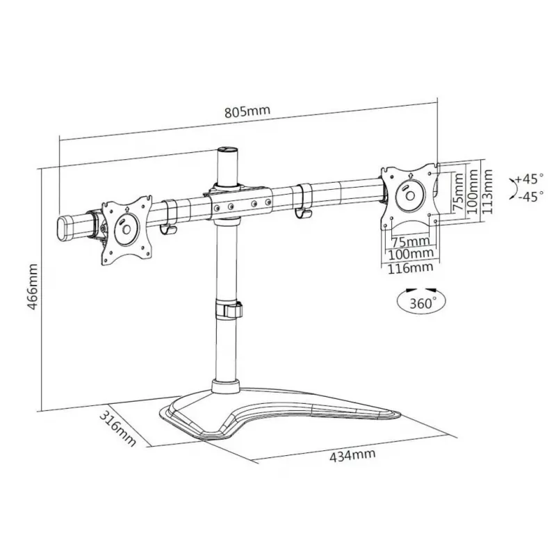 Multibrackets M Deskstand Basic Dual stovas monitoriui, laisvai pastatomas, 16 kg, 38,1 cm (15 inch), 68,6 cm (27 inch), 100 x 100 mm, juodas