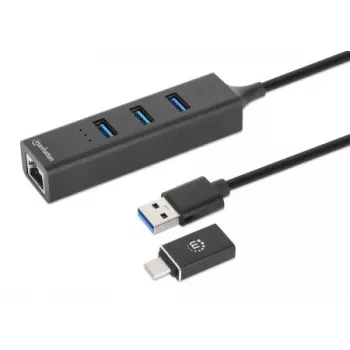 Manhattan USB-C & USB-A jungties / stotelė, 4 prievadai: Ethernet ir USB-A (x3), 5 Gbps (USB 3.2 Gen1), maitinama per USB