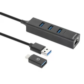 Manhattan USB-C & USB-A jungties / stotelė, 4 prievadai: Ethernet ir USB-A (x3), 5 Gbps (USB 3.2 Gen1), maitinama per USB