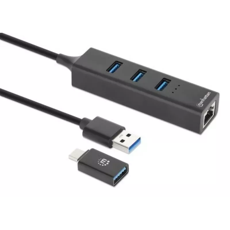 Manhattan USB-C & USB-A jungties / stotelė, 4 prievadai: Ethernet ir USB-A (x3), 5 Gbps (USB 3.2 Gen1), maitinama per USB