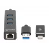 Manhattan USB-C & USB-A jungties / stotelė, 4 prievadai: Ethernet ir USB-A (x3), 5 Gbps (USB 3.2 Gen1), maitinama per USB