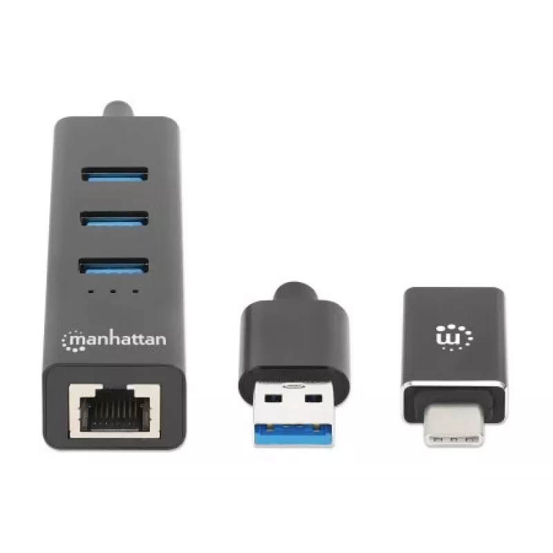 Manhattan USB-C & USB-A jungties / stotelė, 4 prievadai: Ethernet ir USB-A (x3), 5 Gbps (USB 3.2 Gen1), maitinama per USB
