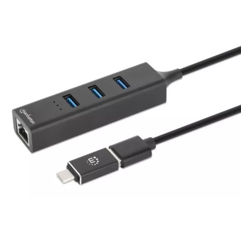 Manhattan USB-C & USB-A jungties / stotelė, 4 prievadai: Ethernet ir USB-A (x3), 5 Gbps (USB 3.2 Gen1), maitinama per USB