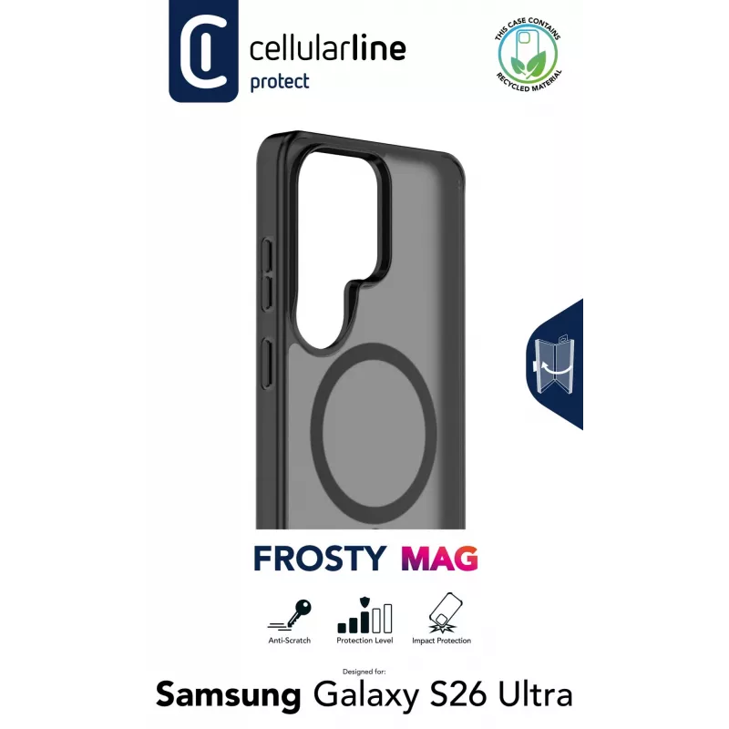 Cellularline FROSTY MAG dėklas Samsung Galaxy S26 Ultra – permatomas matinis su spalvotais kraštais, suderinamas su Qi2 ir magnetiniais aksesuarais