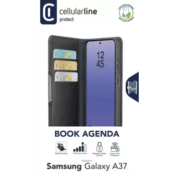 Cellularline Book Agenda 2 dėklas Samsung Galaxy A37, knygos stiliaus, dirbtinė oda, magnetinis užsegimas, stovas, RFID/NFC apsauga, juoda