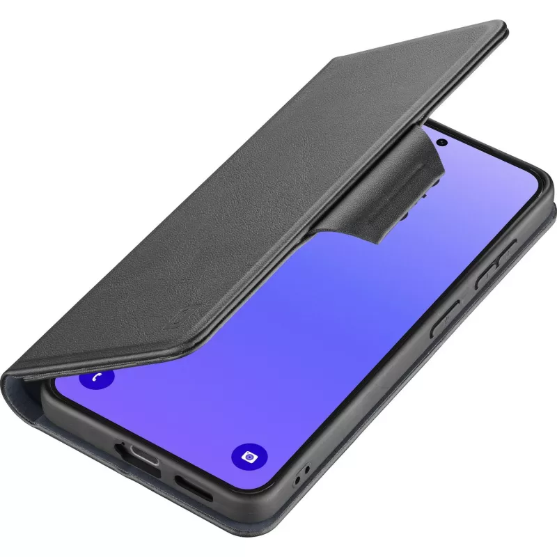 Cellularline Book Agenda 2 dėklas Samsung Galaxy A37, knygos stiliaus, dirbtinė oda, magnetinis užsegimas, stovas, RFID/NFC apsauga, juoda