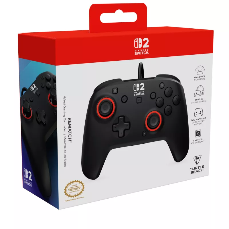 Laidinis žaidimų valdiklis Turtle Beach Rematch, skirtas Nintendo Switch 2 – USB‑C, 3 m laidas, užpakalinis mygtukas, D‑padas, juodas