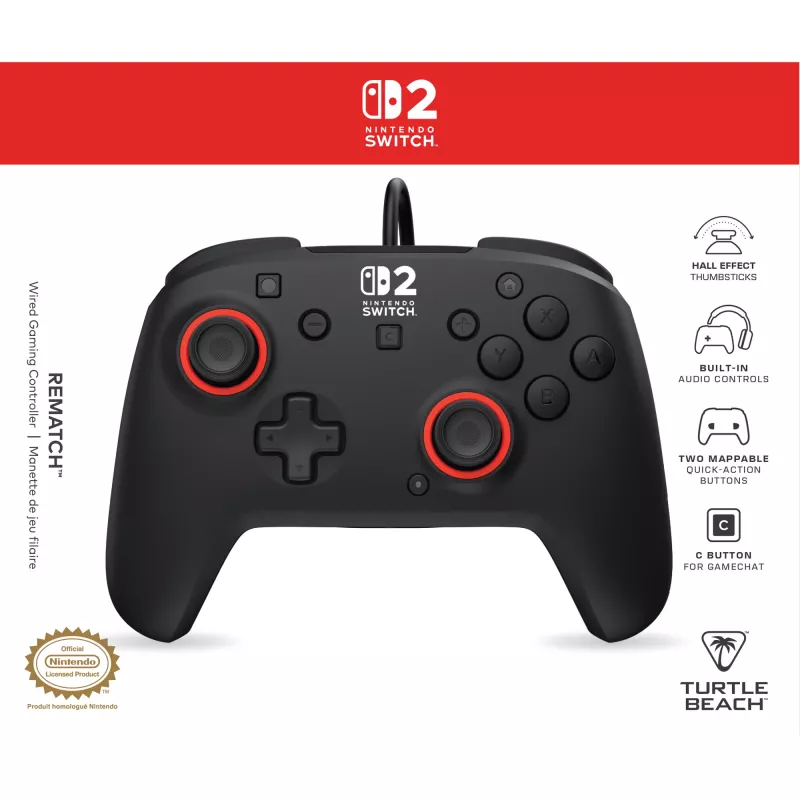 Laidinis žaidimų valdiklis Turtle Beach Rematch, skirtas Nintendo Switch 2 – USB‑C, 3 m laidas, užpakalinis mygtukas, D‑padas, juodas