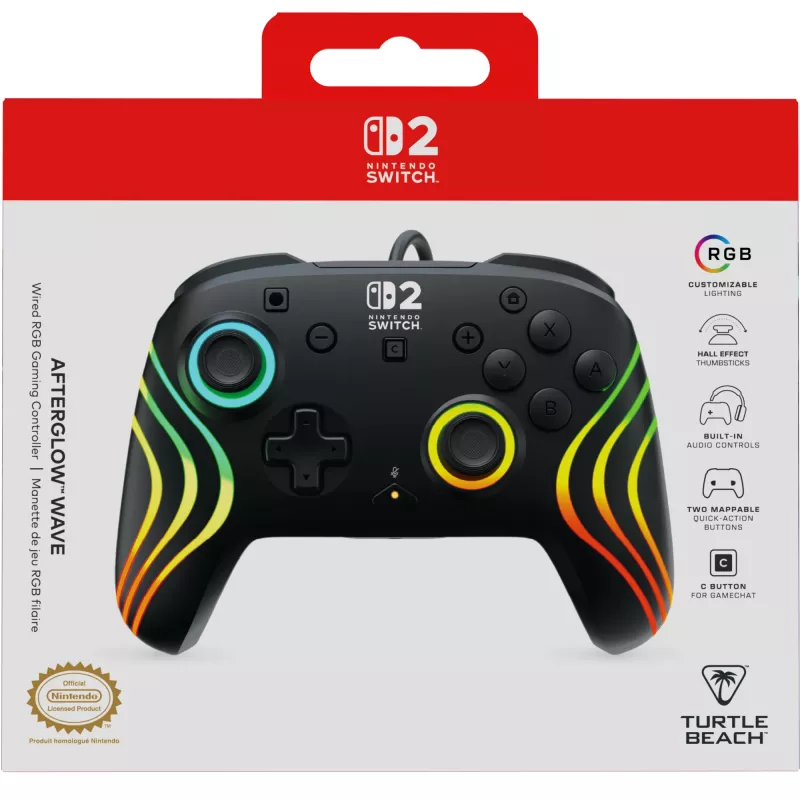 Žaidimų pultas Turtle Beach Afterglow Wave Black, laidinis, RGB, skirtas Nintendo Switch / Switch 2, USB-C, 3 m laidas