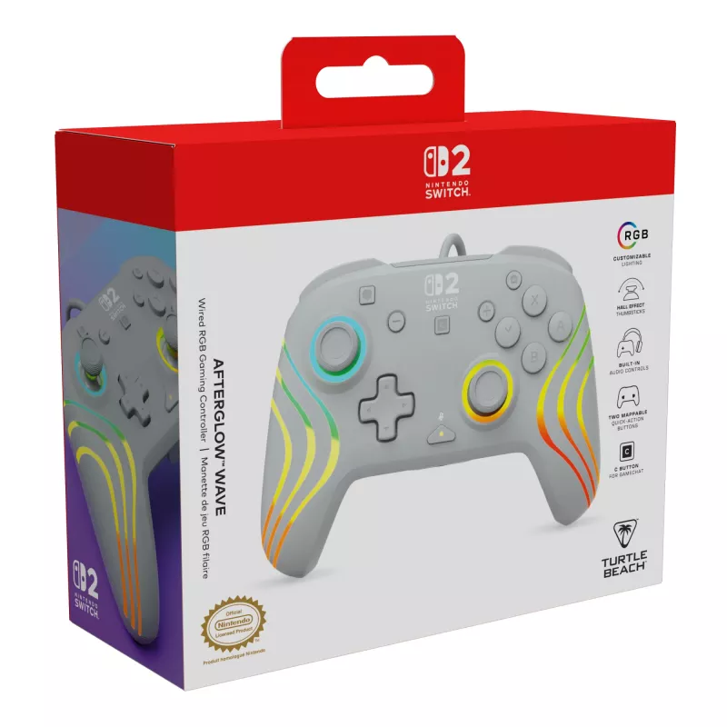 Laidinis RGB žaidimų valdiklis Turtle Beach Afterglow Wave pilka – USB‑C, 3 m laidas, skirta Nintendo Switch / Switch 2 / Switch OLED