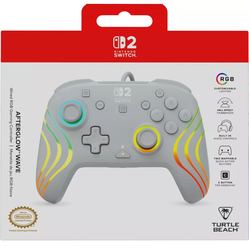 Laidinis RGB žaidimų valdiklis Turtle Beach Afterglow Wave pilka – USB‑C, 3 m laidas, skirta Nintendo Switch / Switch 2 / Switch OLED