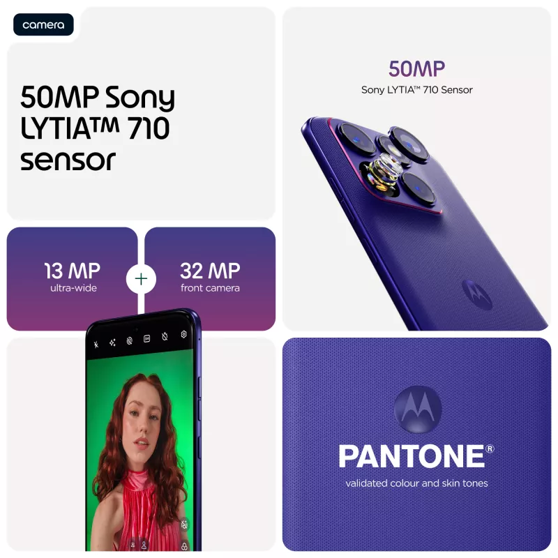 Išmanusis telefonas Motorola edge 70 fusion — Snapdragon 7s Gen 3, 8 GB RAM, 256 GB, 6,78 col. OLED, 50 MP dviguba kamera, 5G, Android 16, 5200 mAh, Violetinė