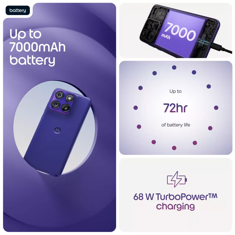 Išmanusis telefonas Motorola edge 70 fusion — Snapdragon 7s Gen 3, 8 GB RAM, 256 GB, 6,78 col. OLED, 50 MP dviguba kamera, 5G, Android 16, 5200 mAh, Violetinė