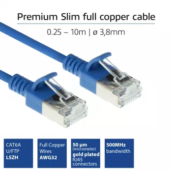 ACT Blue 1,5 m LSZH U/FTP CAT6A plonas jungiamasis kabelis su RJ45 kištukais (snagless)
