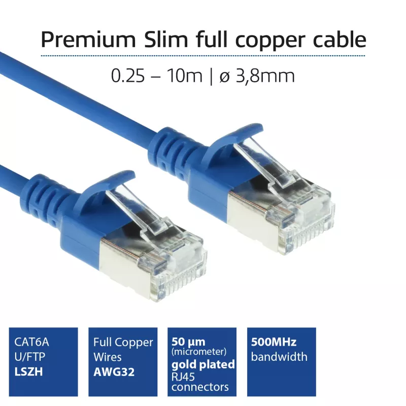 ACT Blue 1,5 m LSZH U/FTP CAT6A plonas jungiamasis kabelis su RJ45 kištukais (snagless)