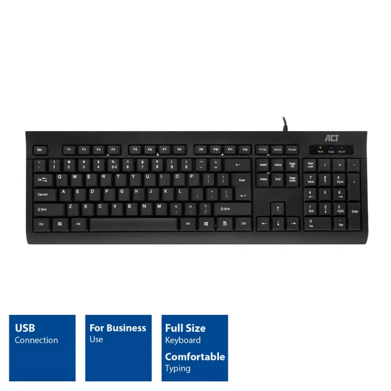 ACT Business klaviatūra USB (Qwerty/US išdėstymas), pilno dydžio (100%), laidinė, USB, membraninė, QWERTY, juoda