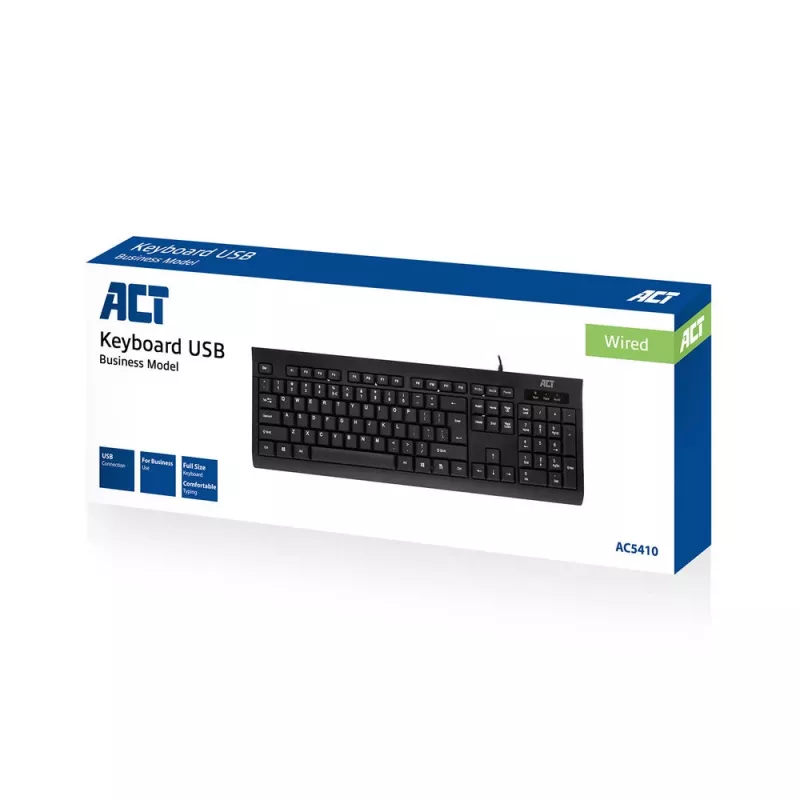 ACT Business klaviatūra USB (Qwerty/US išdėstymas), pilno dydžio (100%), laidinė, USB, membraninė, QWERTY, juoda