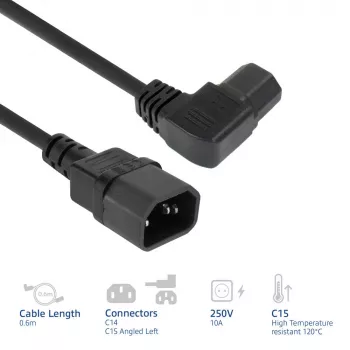 ACT maitinimo laidas C14 – C15 (kairėn lenktas) IEC60320 juodas 0,6 m
