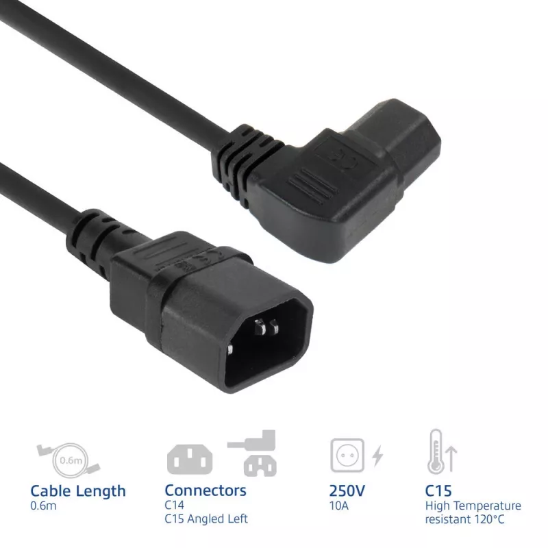 ACT maitinimo laidas C14 – C15 (kairėn lenktas) IEC60320 juodas 0,6 m