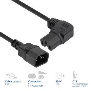 ACT maitinimo laidas C14 – C15 (lenktas dešinėn) IEC60320 juodas 0,6 m