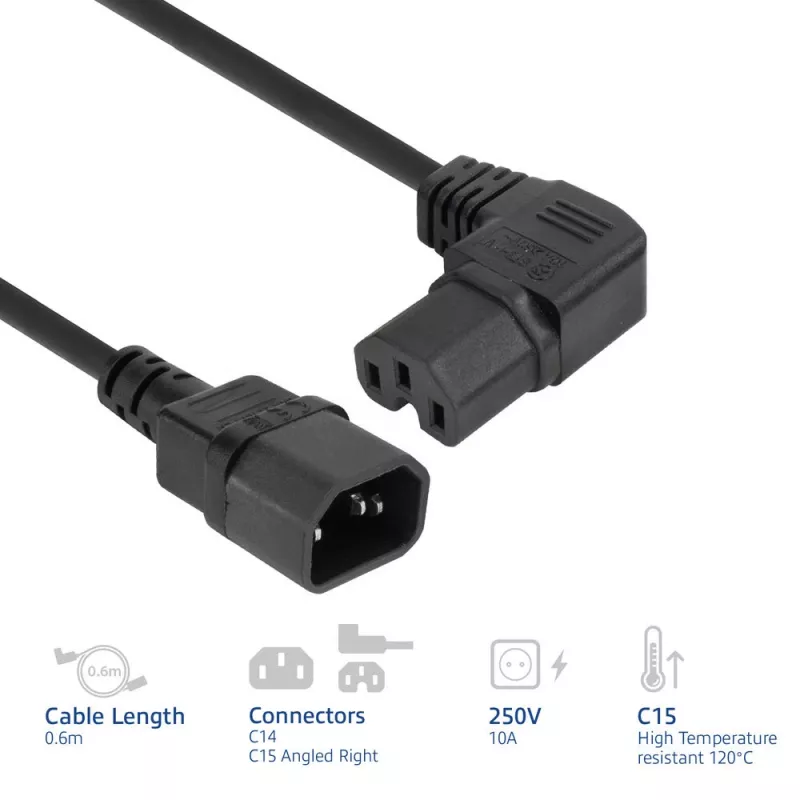 ACT maitinimo laidas C14 – C15 (lenktas dešinėn) IEC60320 juodas 0,6 m