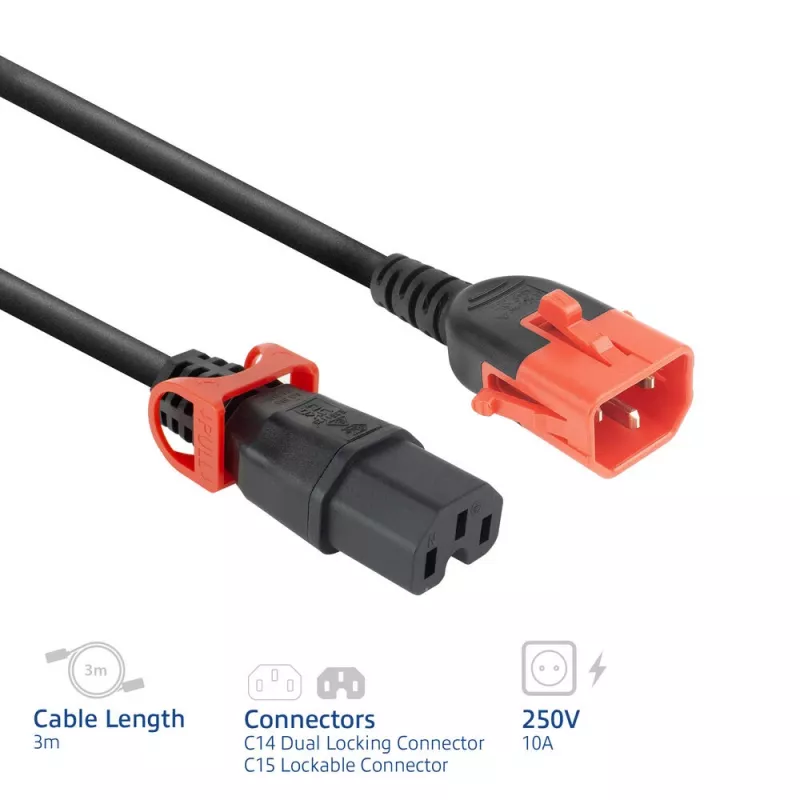 ACT maitinimo laidas C14 Lock+ dvigubas fiksavimas - C15 Lock+ juodas 3 m, PC3876