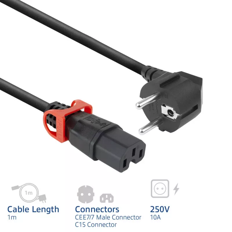 ACT maitinimo laidas su kampu CEE 7/7 kištuku – C15 Lock+ lizdu, juodas, 1 m, EL603S