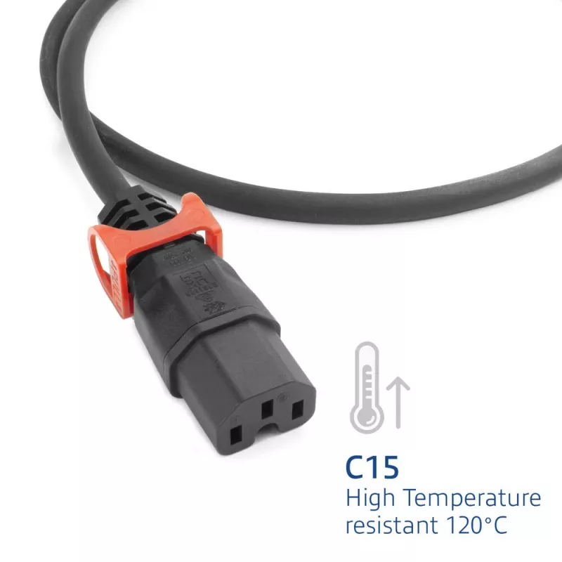 ACT maitinimo laidas su kampu CEE 7/7 kištuku – C15 Lock+ lizdu, juodas, 1 m, EL603S