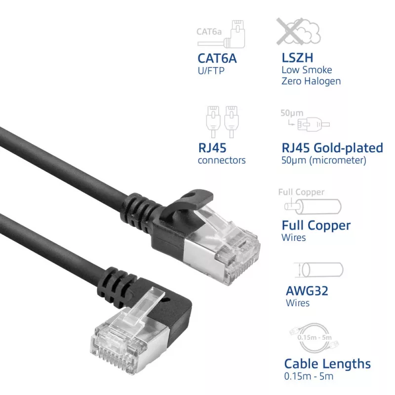 ACT Black 0.25 m U/FTP CAT6A LSZH plonas pataisos kabelis su RJ45 jungtimis 90° kairėn tiesus