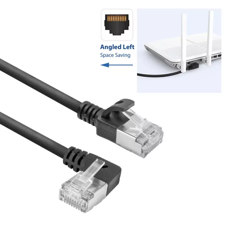 ACT Black 0.25 m U/FTP CAT6A LSZH plonas pataisos kabelis su RJ45 jungtimis 90° kairėn tiesus