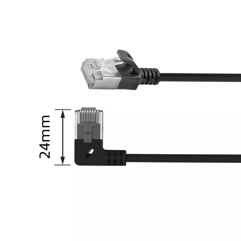 ACT Black 0.25 m U/FTP CAT6A LSZH plonas pataisos kabelis su RJ45 jungtimis 90° kairėn tiesus