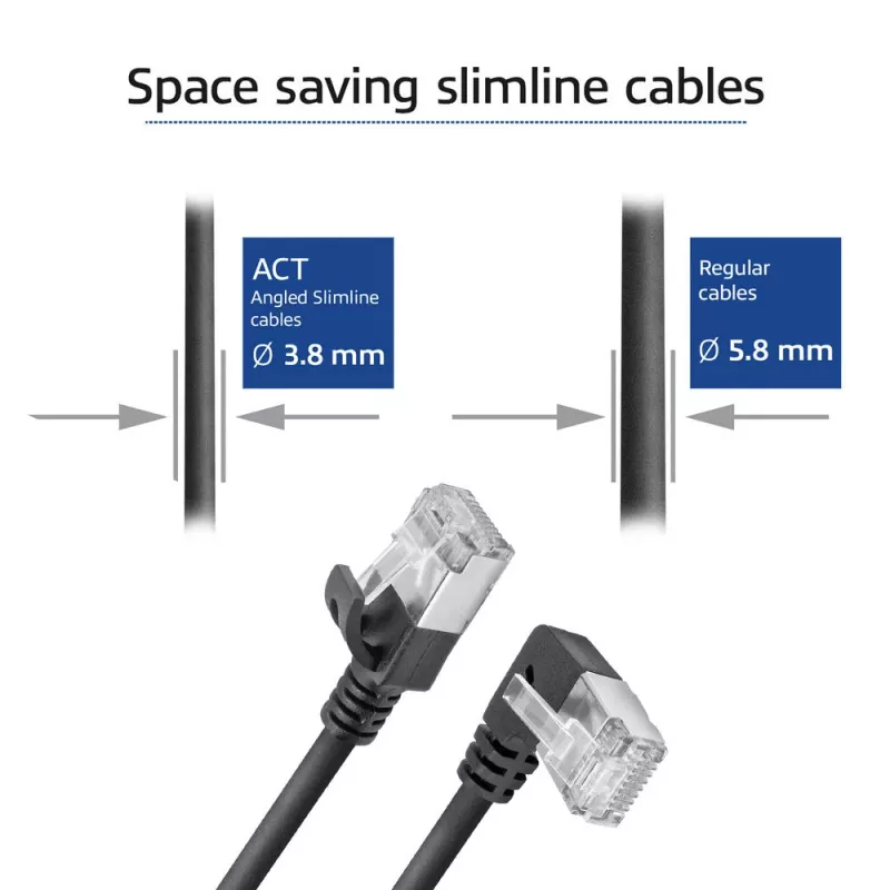 ACT Black 0.25 m U/FTP CAT6A LSZH plonas pataisos kabelis su RJ45 jungtimis 90° kairėn tiesus