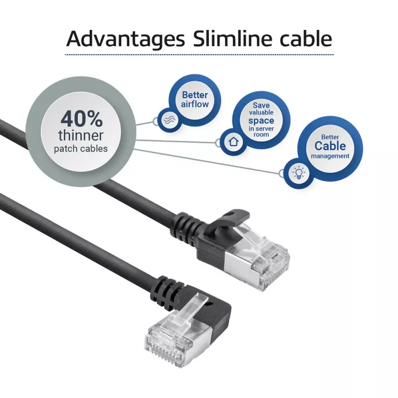 ACT Black 0.25 m U/FTP CAT6A LSZH plonas pataisos kabelis su RJ45 jungtimis 90° kairėn tiesus