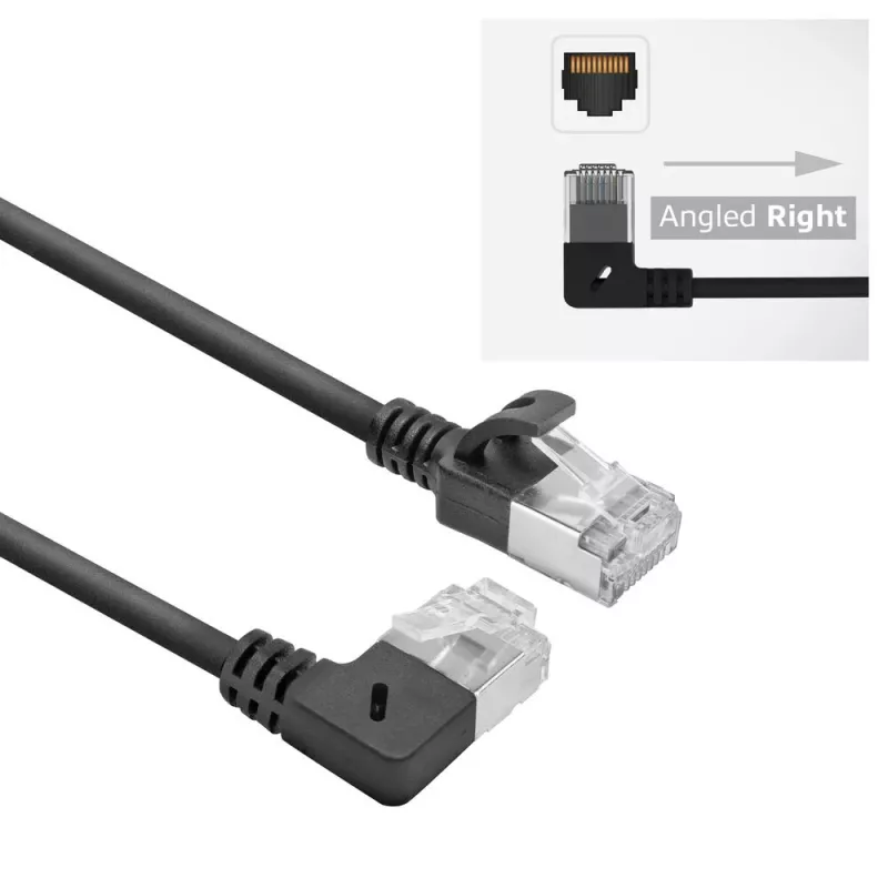 ACT Black 1,5 m U/FTP CAT6A LSZH plonas pataisymo kabelis su RJ45 jungtimis 90° kampu į dešinę ir tiesia