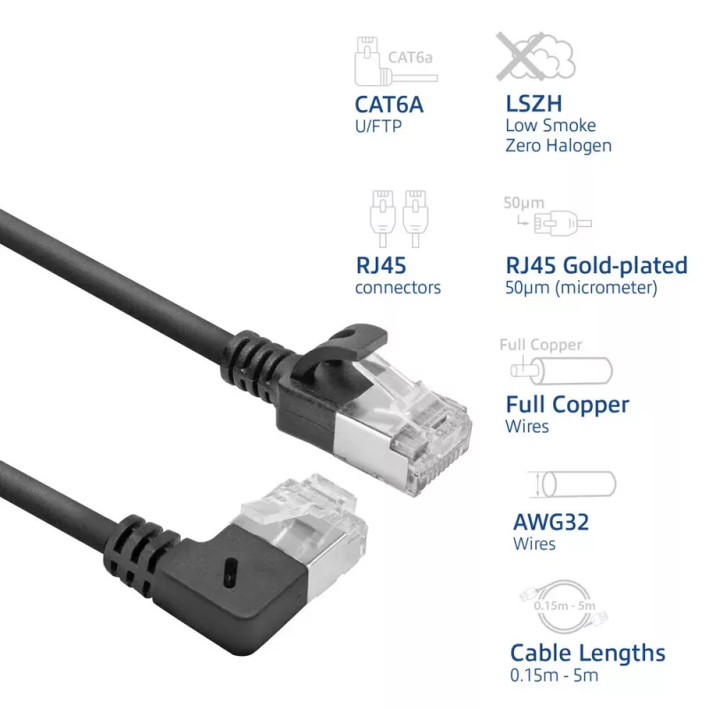 ACT Black 1,5 m U/FTP CAT6A LSZH plonas pataisymo kabelis su RJ45 jungtimis 90° kampu į dešinę ir tiesia