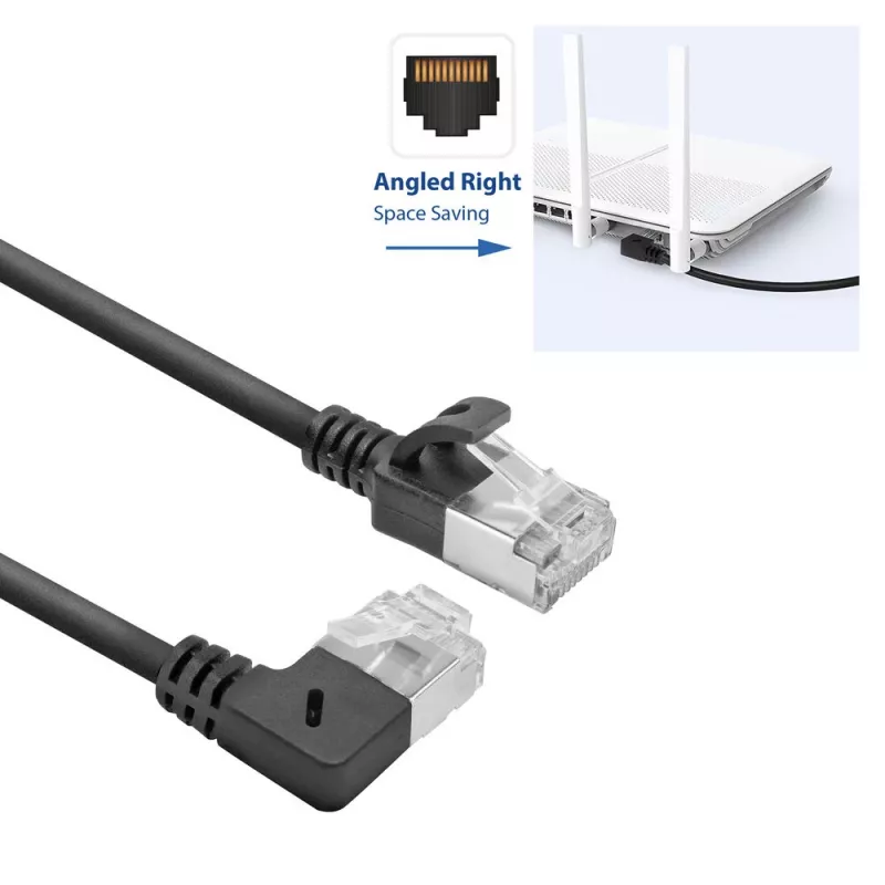 ACT Black 1,5 m U/FTP CAT6A LSZH plonas pataisymo kabelis su RJ45 jungtimis 90° kampu į dešinę ir tiesia