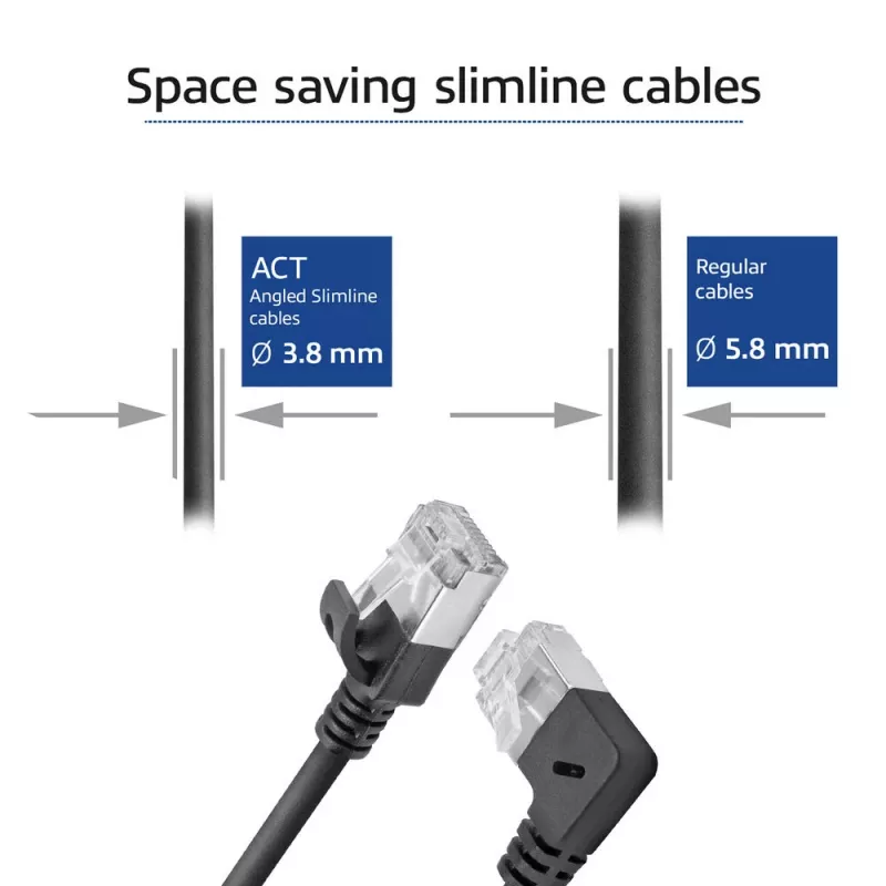 ACT Black 1,5 m U/FTP CAT6A LSZH plonas pataisymo kabelis su RJ45 jungtimis 90° kampu į dešinę ir tiesia