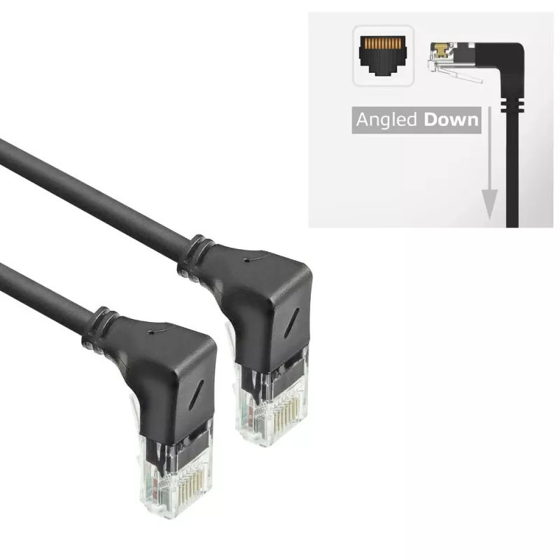 ACT Black 3 metrai U/UTP CAT6A LSZH plonas laidas su RJ45 jungtimis 90° kampu žemyn į 90° kampu žemyn