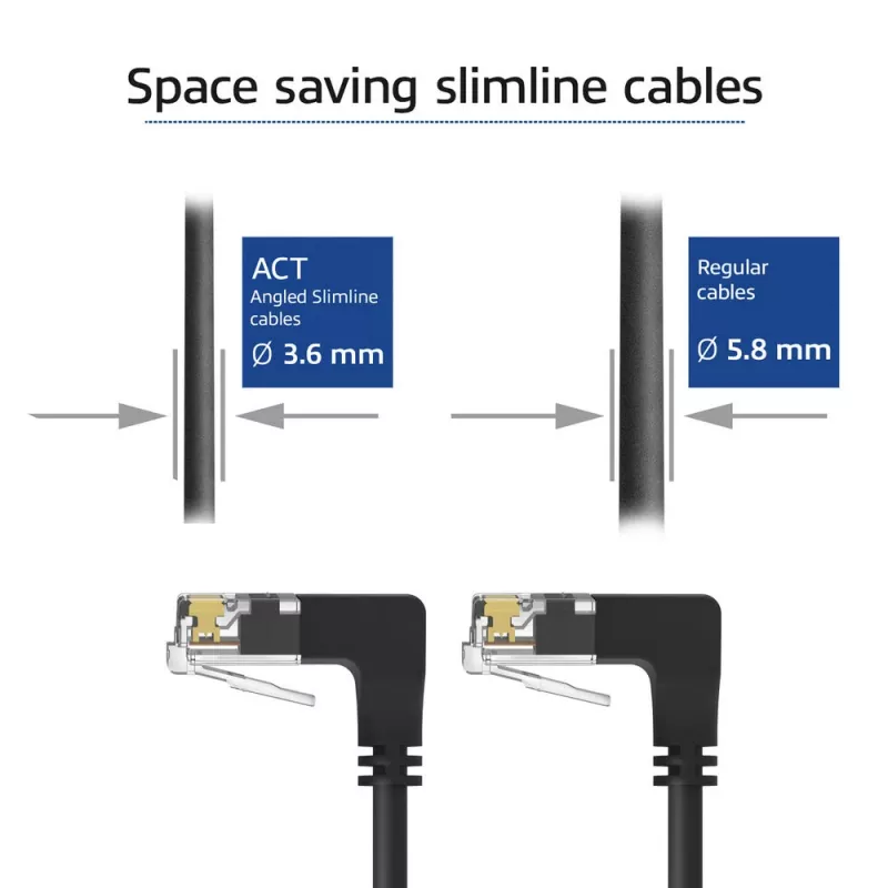 ACT Black 0.15 m U/UTP CAT6A LSZH plonas jungiamasis kabelis su RJ45 90° žemyn jungtimis