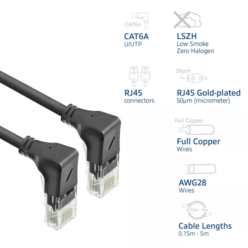 ACT Black 1.5 m U/UTP CAT6A LSZH plonas jungiamasis kabelis su RJ45 90° žemyn jungtimis