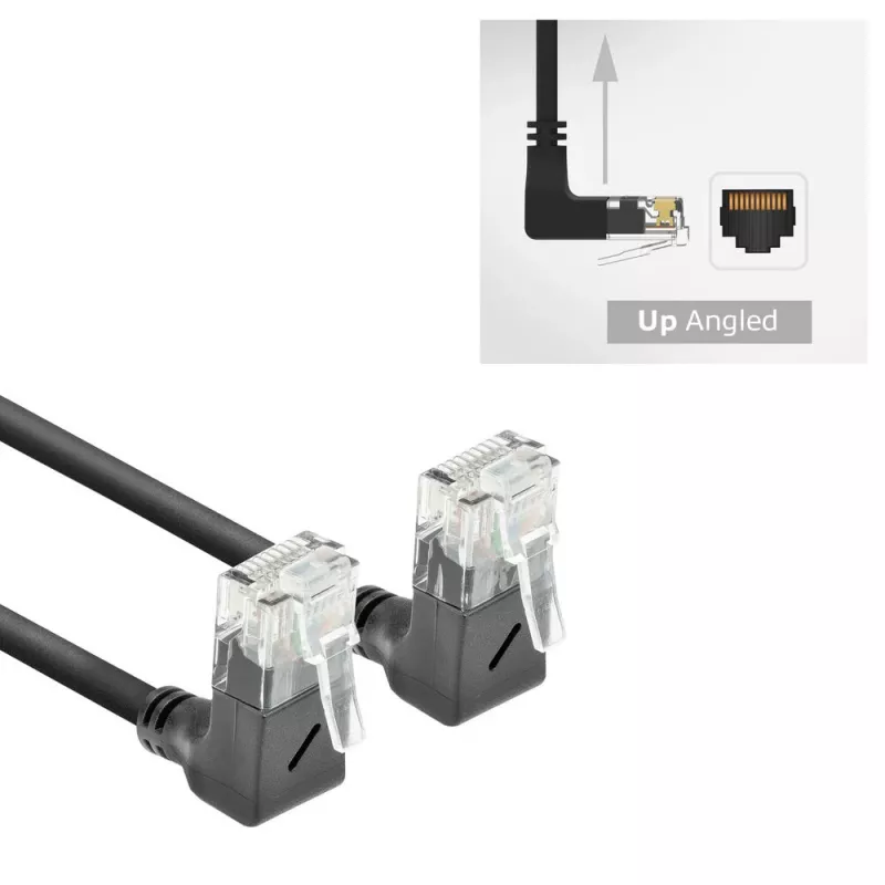 ACT Black 1 m CAT6A U/UTP LSZH plonas pataisos kabelis su RJ45 90° kampu į viršų abiejuose galuose