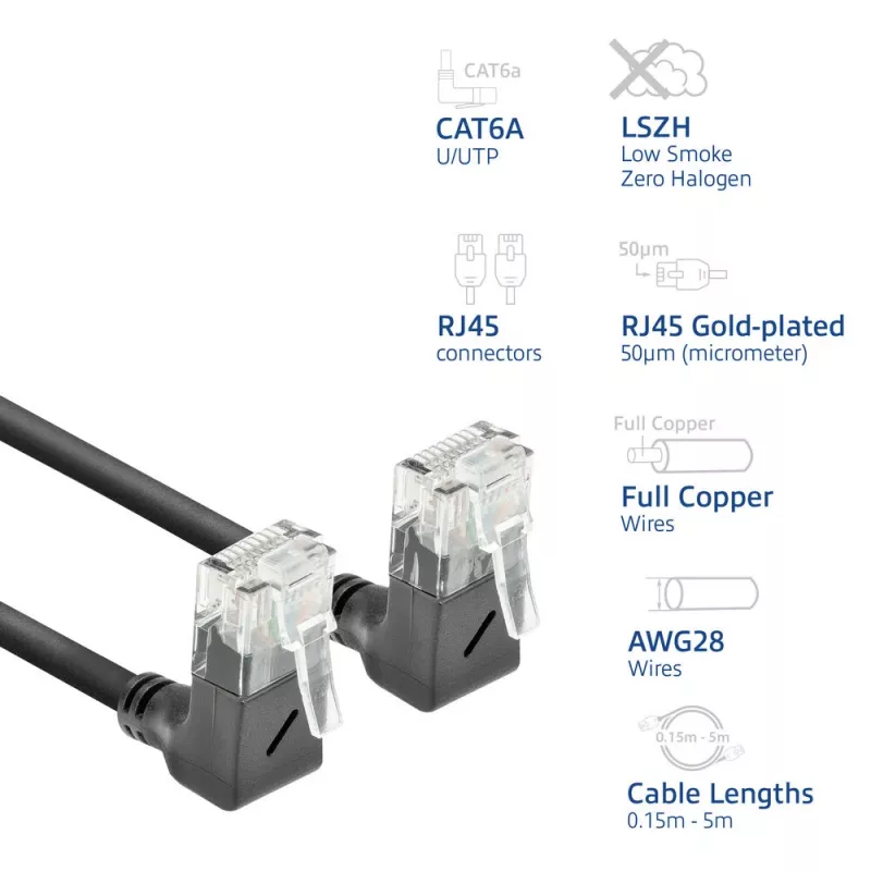 ACT Black 1 m CAT6A U/UTP LSZH plonas pataisos kabelis su RJ45 90° kampu į viršų abiejuose galuose