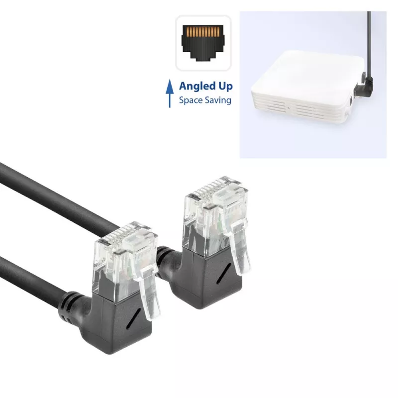 ACT Black 1 m CAT6A U/UTP LSZH plonas pataisos kabelis su RJ45 90° kampu į viršų abiejuose galuose