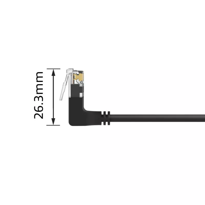 ACT Black 1 m CAT6A U/UTP LSZH plonas pataisos kabelis su RJ45 90° kampu į viršų abiejuose galuose