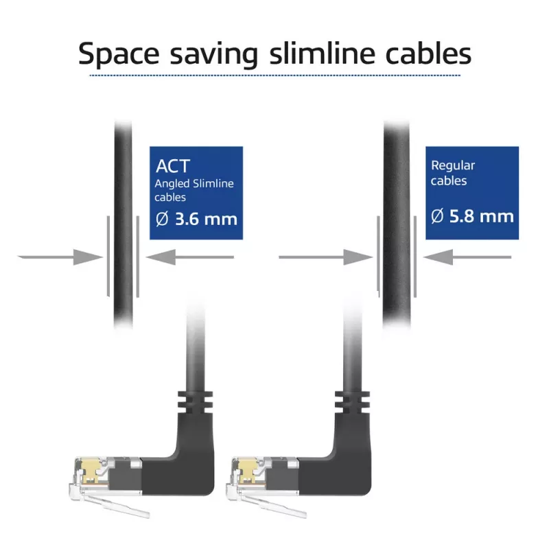 ACT Black 1 m CAT6A U/UTP LSZH plonas pataisos kabelis su RJ45 90° kampu į viršų abiejuose galuose