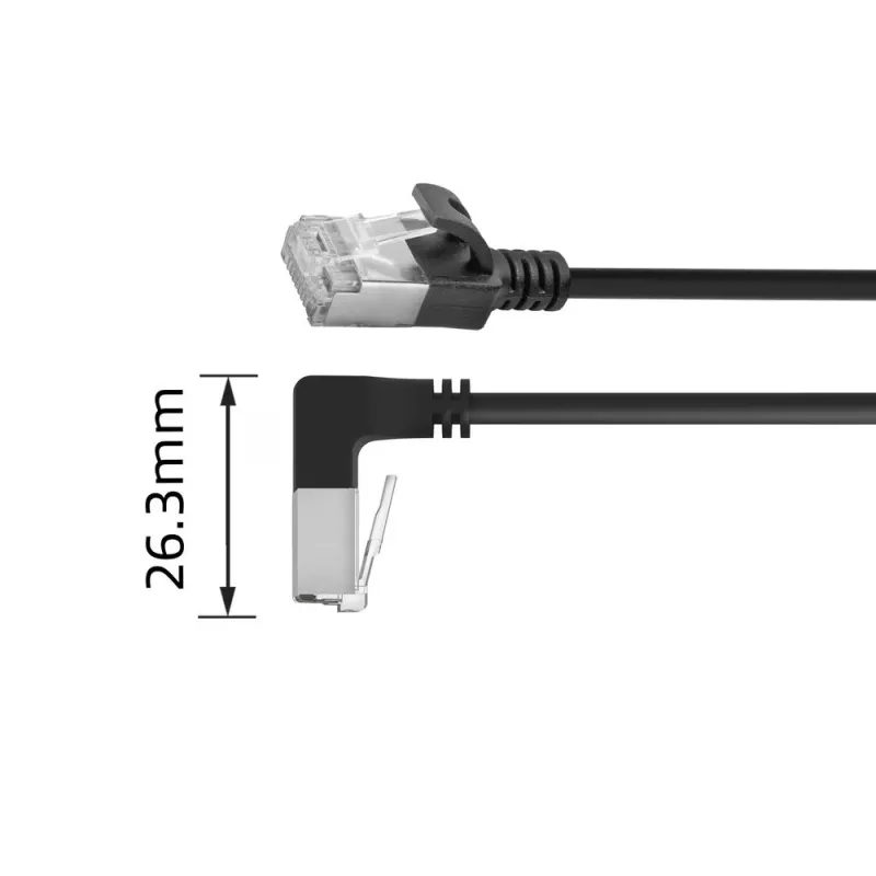 ACT Black 0.5 m U/FTP CAT6A LSZH plonas jungiamasis kabelis su RJ45 jungtimis 90° kampu žemyn į tiesią