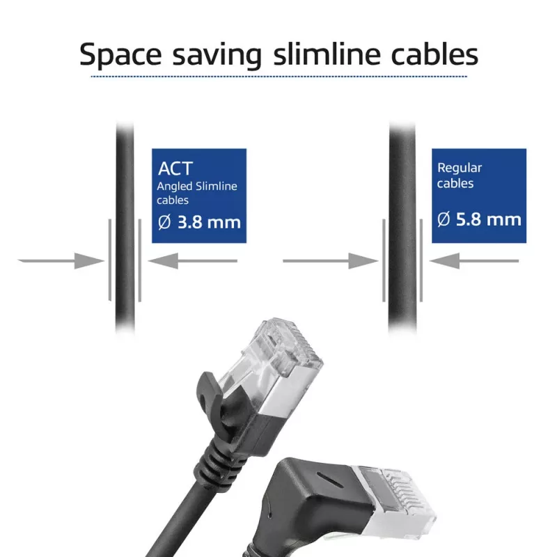 ACT Black 0.5 m U/FTP CAT6A LSZH plonas jungiamasis kabelis su RJ45 jungtimis 90° kampu žemyn į tiesią