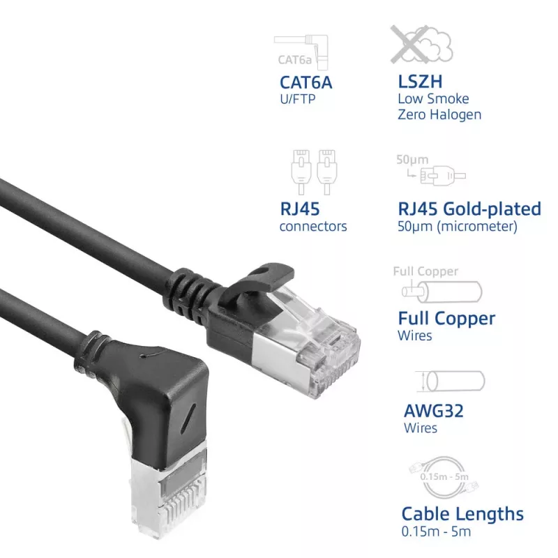 ACT Black 2 m U/FTP CAT6A LSZH plonas jungiamasis kabelis su RJ45 jungtimis 90° kampu žemyn į tiesią