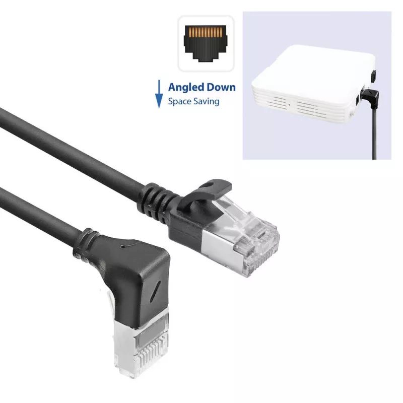 ACT Black 0,15 m U/FTP CAT6A LSZH plonas pataisos kabelis su RJ45 jungtimis 90° kampu žemyn į tiesų