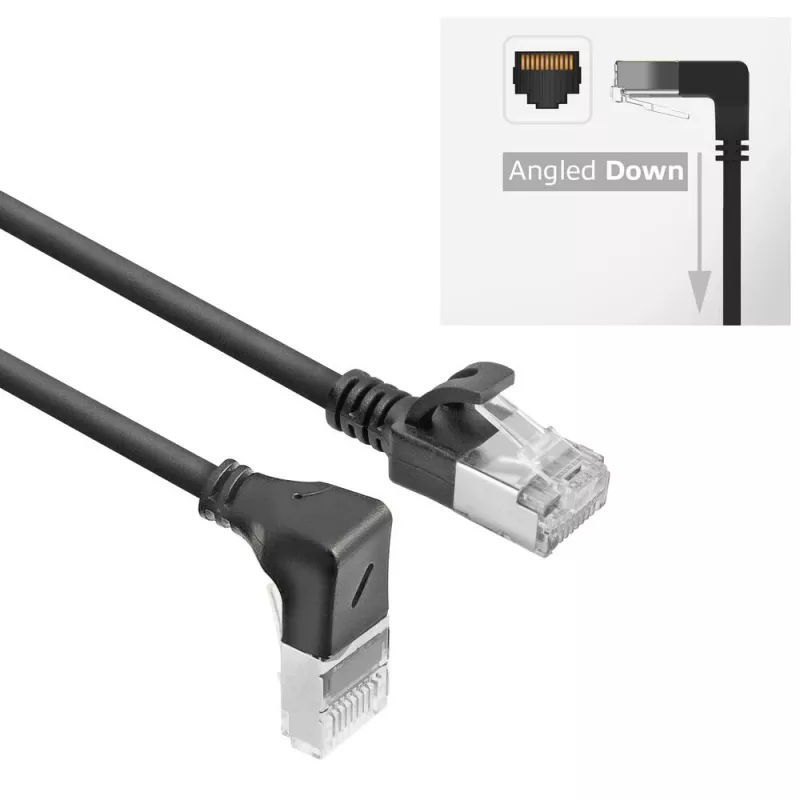 ACT Black 0,25 m U/FTP CAT6A LSZH liekna jungiamoji virvutė su RJ45 kištukais 90° kampu žemyn į tiesų